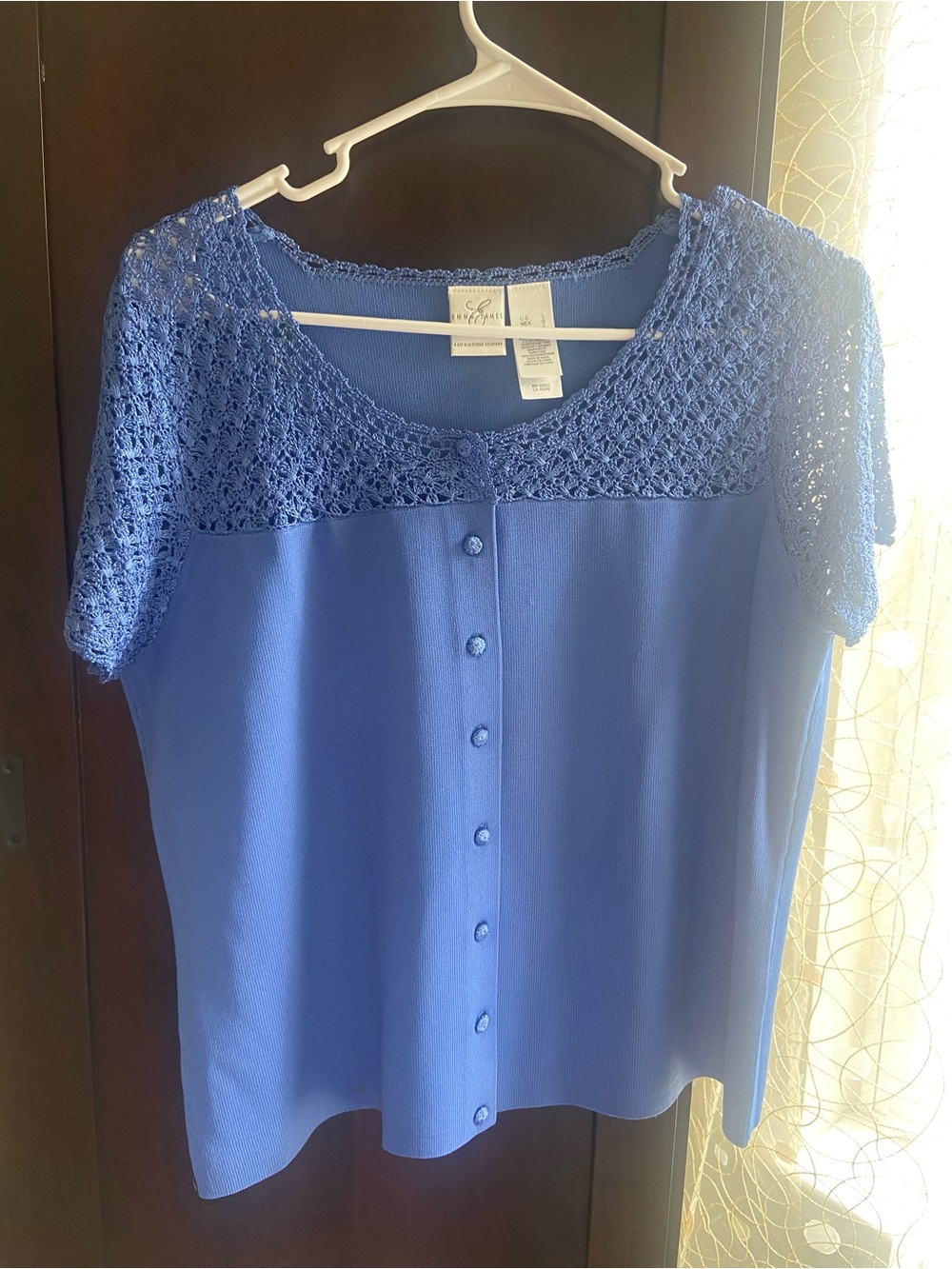 Liz Claiborne Royal Blue Crochet Yoke Button-Front Top